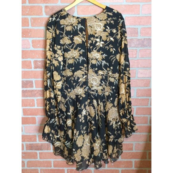 Asos Women's Floral Mini Dress Metallic Witchy Boho Lace Up Brown Black Size 16 - Picture 6 of 9